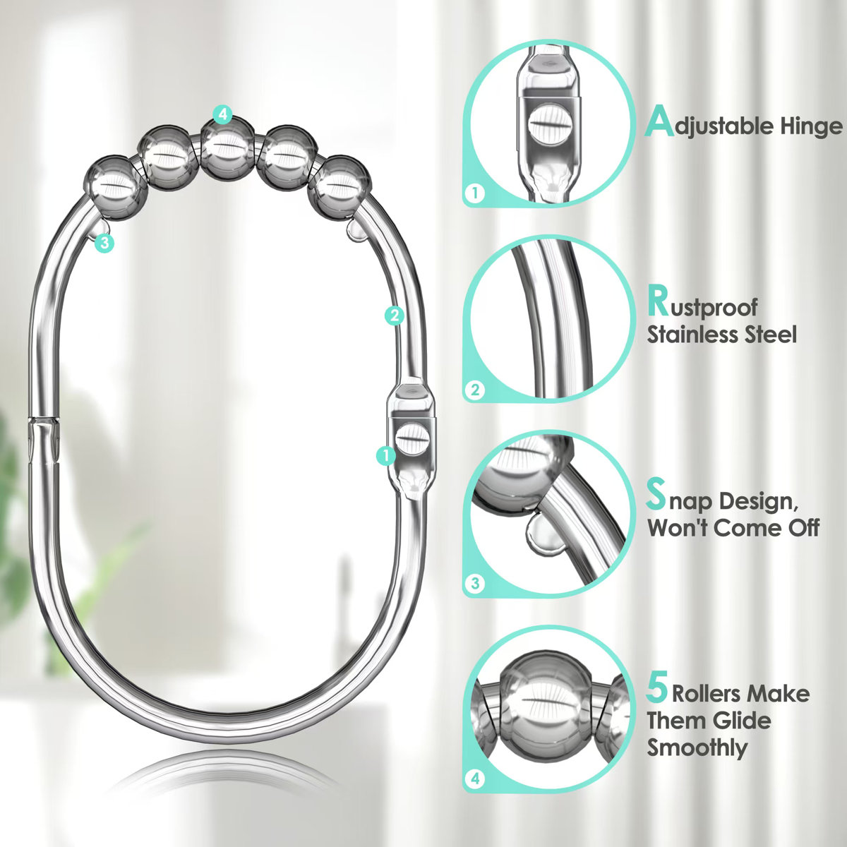 Stainless Steel Roller Ball Shower Curtain Hooks Rings (Set of 12)
